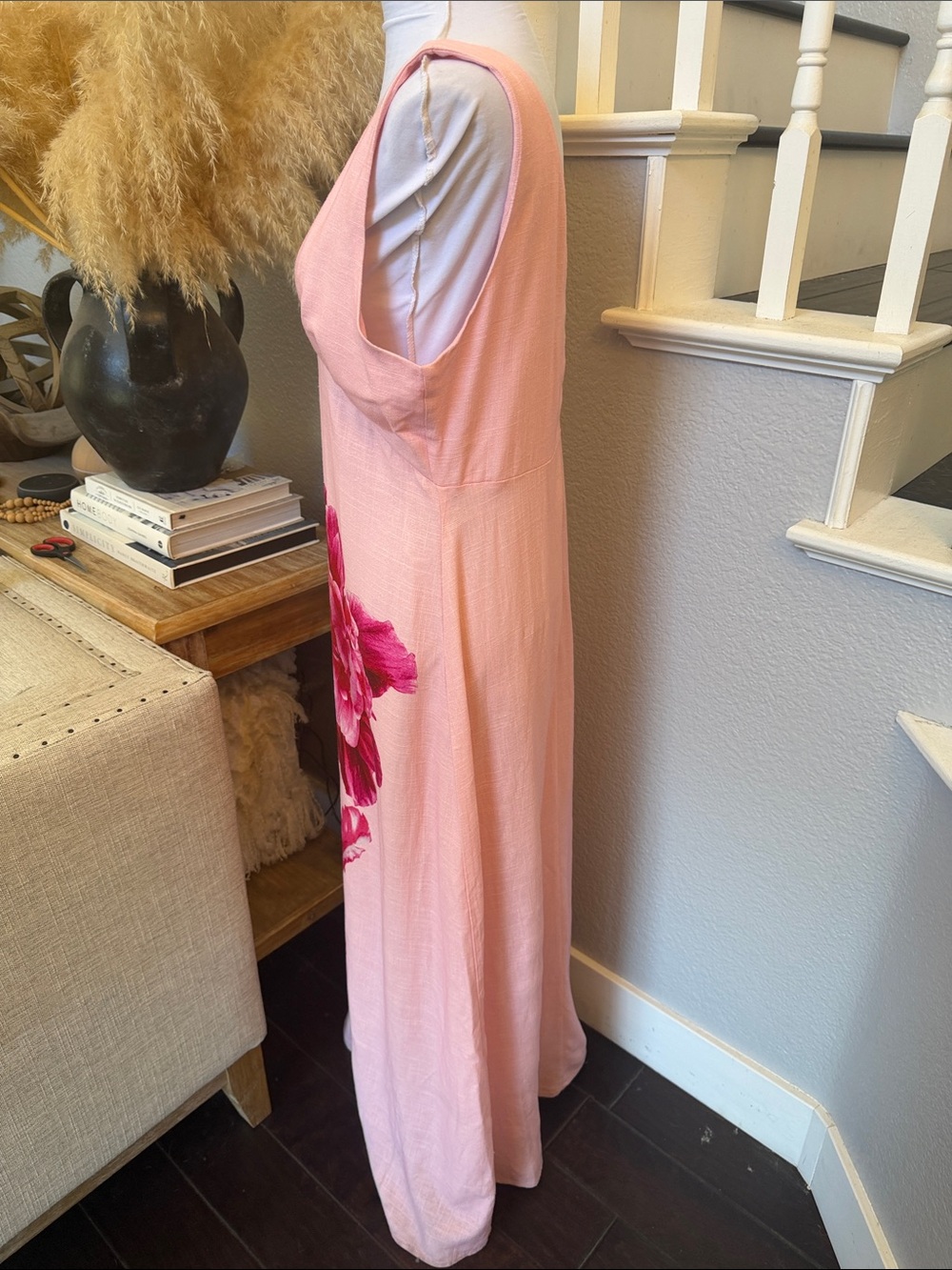Anthropologie Paper Heart Pink Linen Blend Sleeveless Floral MIDI Dress Large - Picture 4 of 7